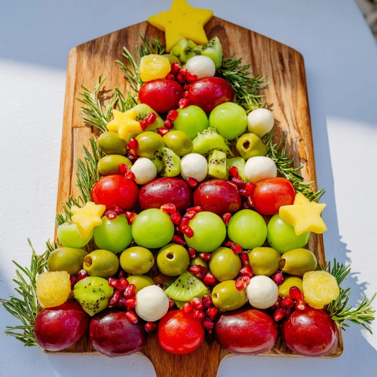 Christmas Tree Triangle Board: a vibrant, festive appetizer filled with green grapes and olives for the holidays.