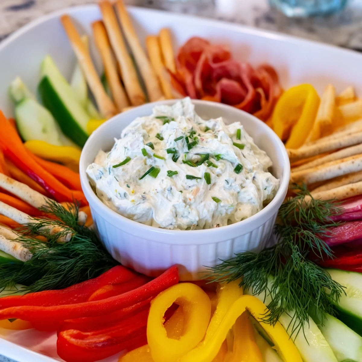 Creamy Reindeer Antler Spread appetizer with colorful veggies and crackers artfully arranged for serving.