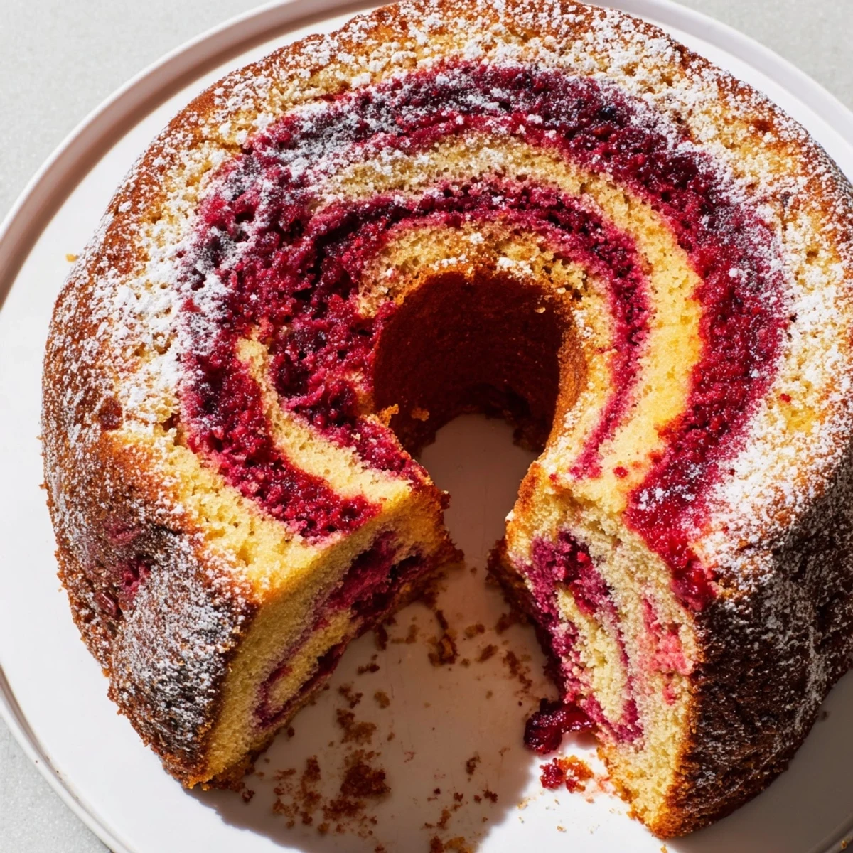 A slice of the Cranberry Orange Swirl cake, swirled with bright colors and ready to eat.