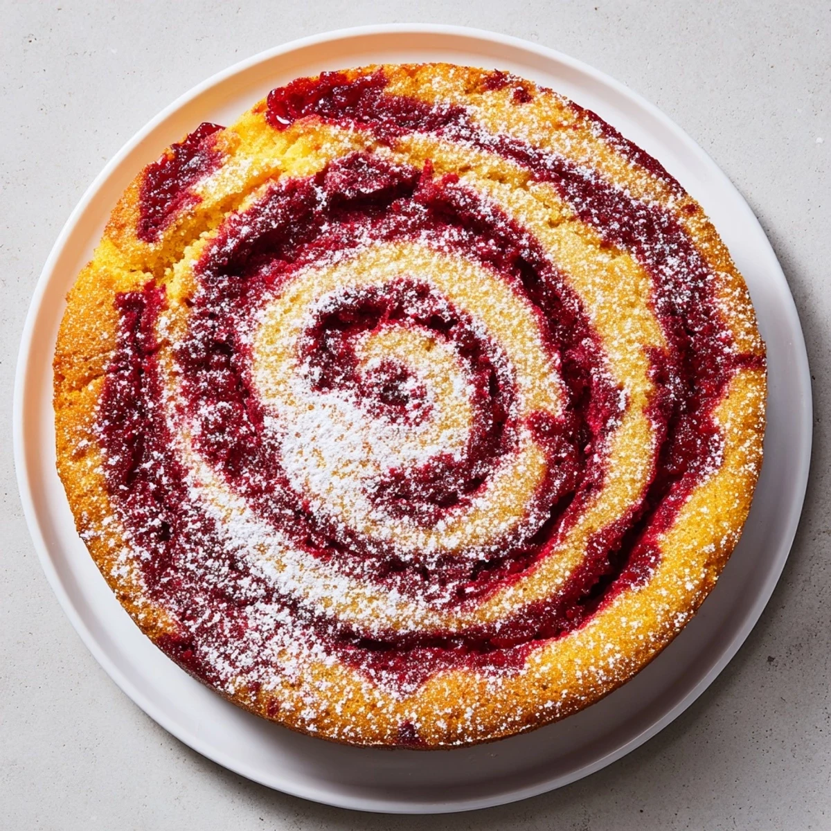 Close-up of a moist Cranberry Orange Swirl cake, showing a delicious, layered spiral filling.