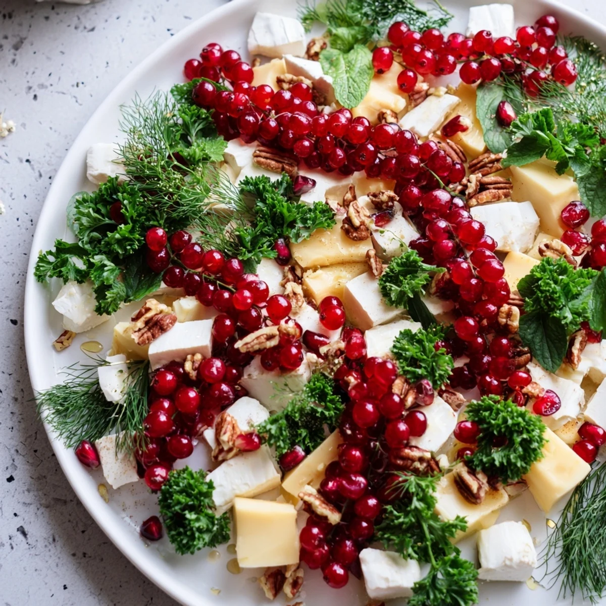 A tempting close-up of the Holly Berry Cluster, a beautiful holiday appetizer with red berries and goat cheese.