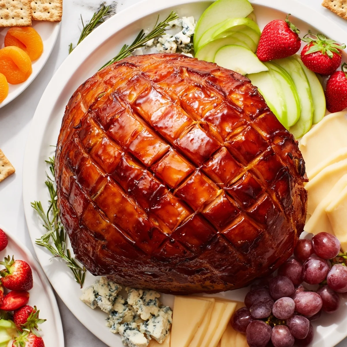 Golden-brown glazed ham centerpiece board with inviting cheeses, fruits, and crackers for a festive meal.