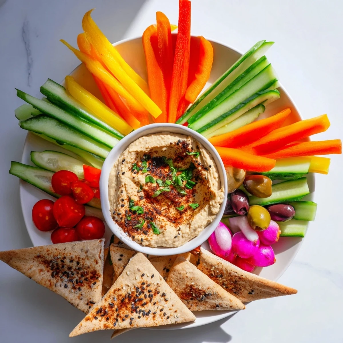 Vibrant array of the Moroccan Tent appetizer, perfect for sharing with fresh vegetables and spiced dips.