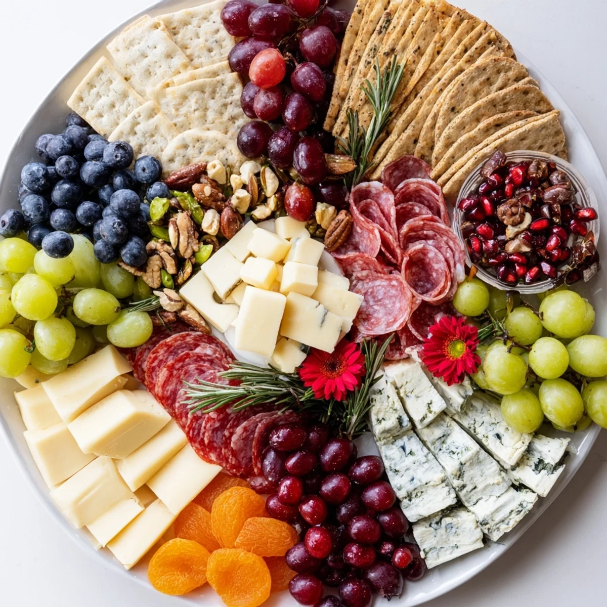 A visually stunning The Nutcracker Suite Board with colorful cheese and fruit sections artfully arranged.