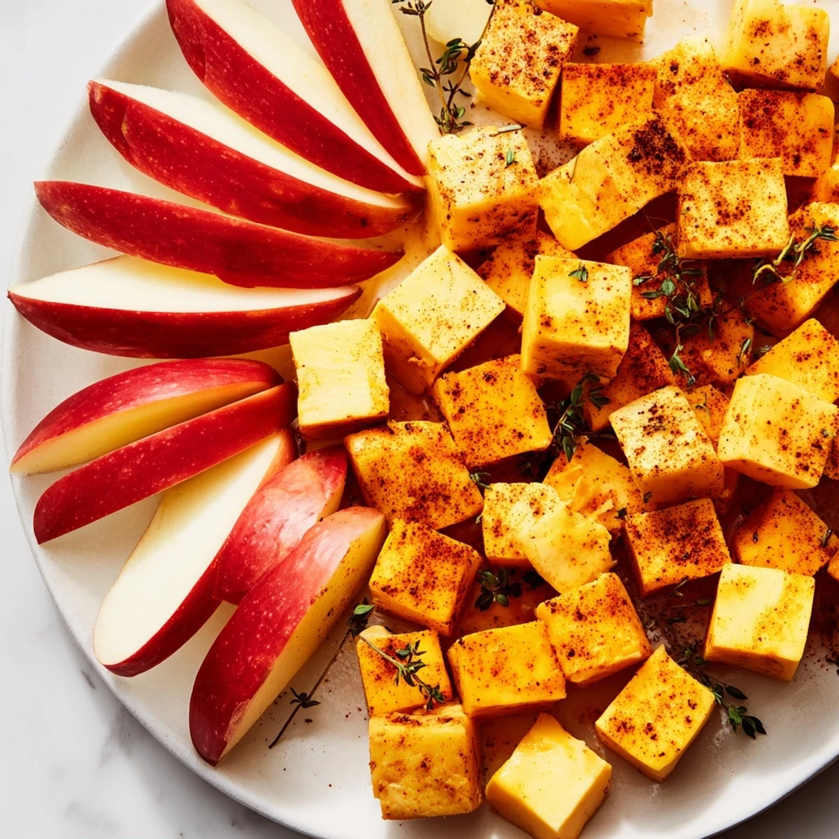 Vibrant red apple wedges surround the smoky cheeses of this beautiful Autumn Ember.