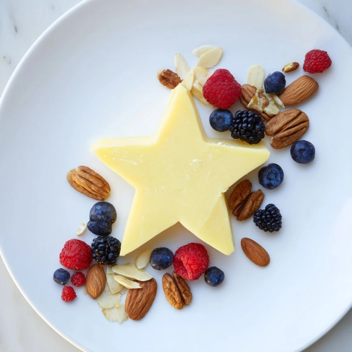 Gorgeous, star-shaped Shooting Star Cheese Board with a vibrant trail of berries and nuts for sharing.