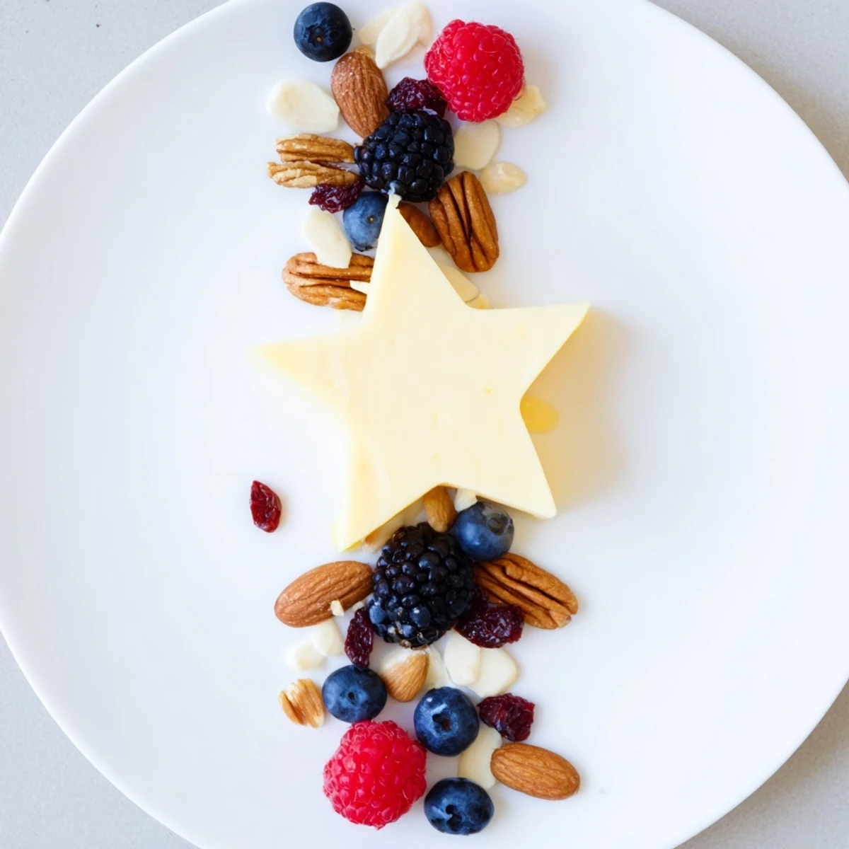 Bright and festive Shooting Star Cheese Board ready to serve with berries and nuts cascading down.