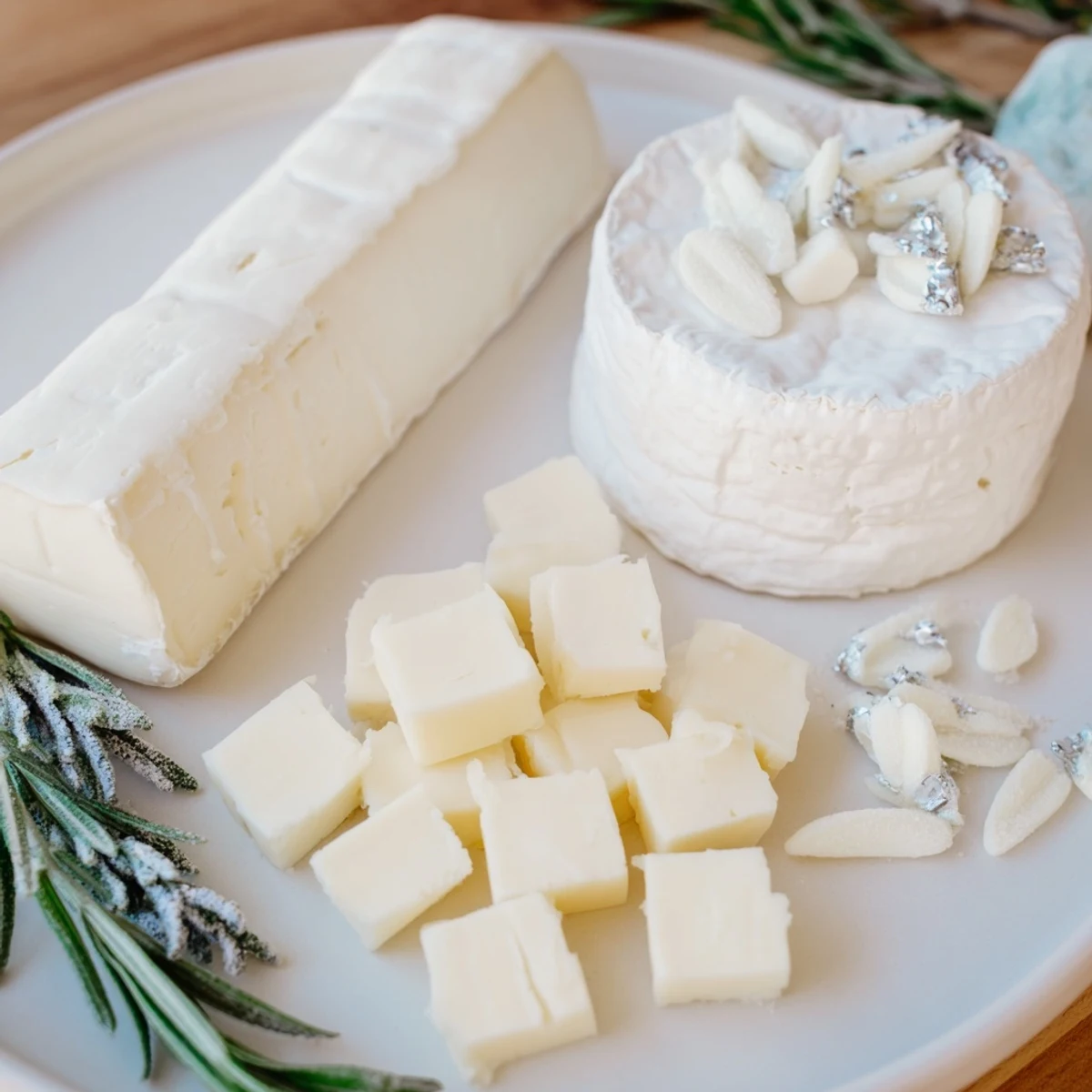 This festive Winter Wonderland Platter offers a delicious spread of cheeses and white treats plus a frosty garnish.