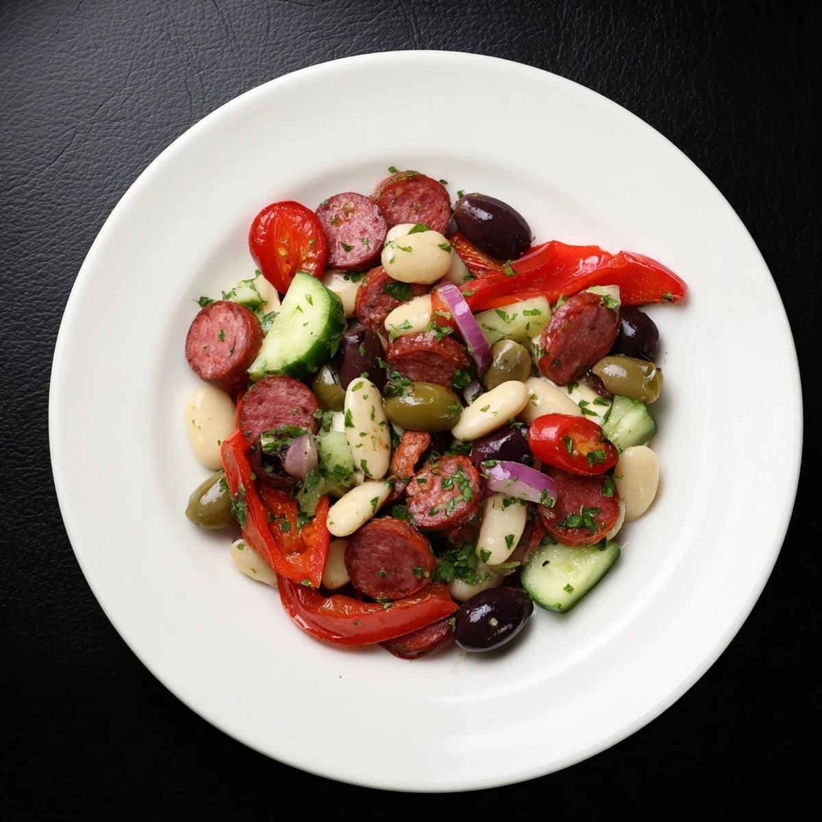 Vibrant Italian Antipasto Bean Salad with fresh vegetables and creamy cannellini beans tossed in zesty dressing.