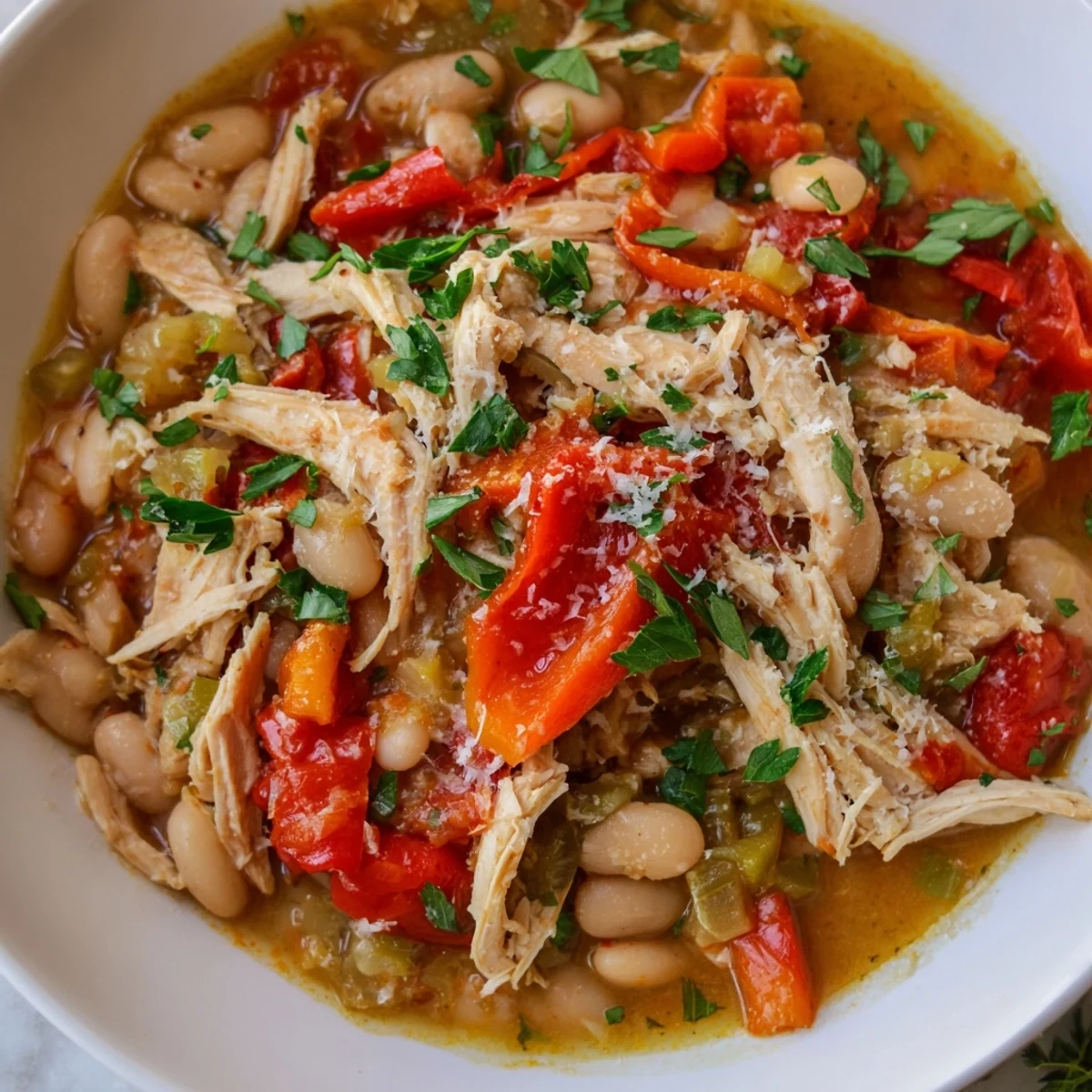 White Bean and Roasted Red Pepper Chicken stew in a rustic bowl, steaming with vegetables, ready to eat.