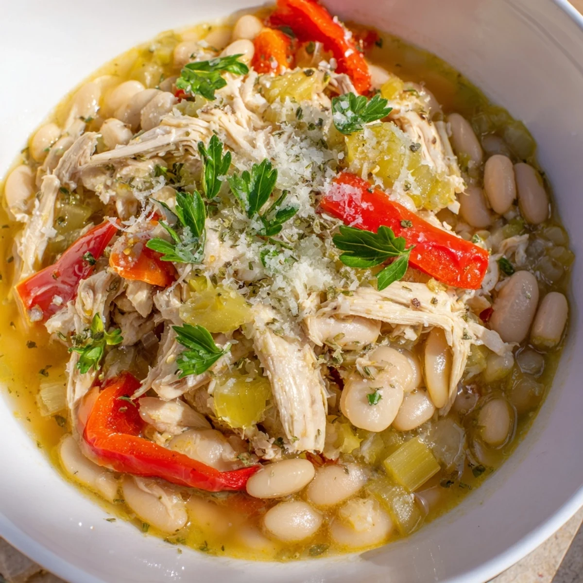 A close up of hearty White Bean and Roasted Red Pepper Chicken, garnished with fresh parsley for serving.