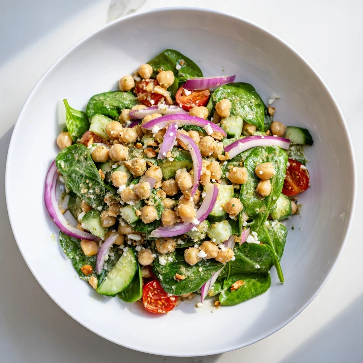 Vibrant pesto chickpea and spinach salad, featuring tomatoes, is tossed with creamy homemade pesto for lunch.