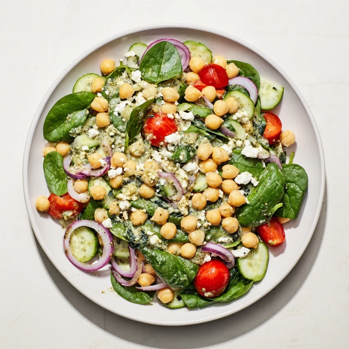 This Pesto Chickpea and Spinach Salad bursts with fresh flavors; imagine the vibrant colors ready to eat.