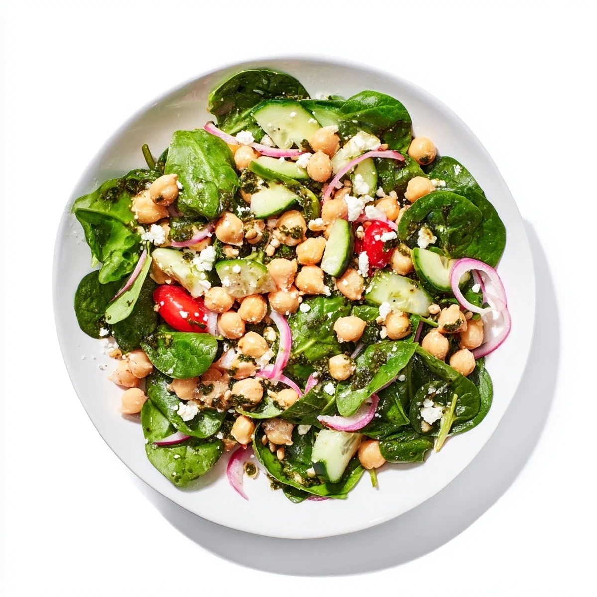 Enjoy a refreshing Pesto Chickpea and Spinach Salad, a vegetarian delight with a zesty pesto dressing.