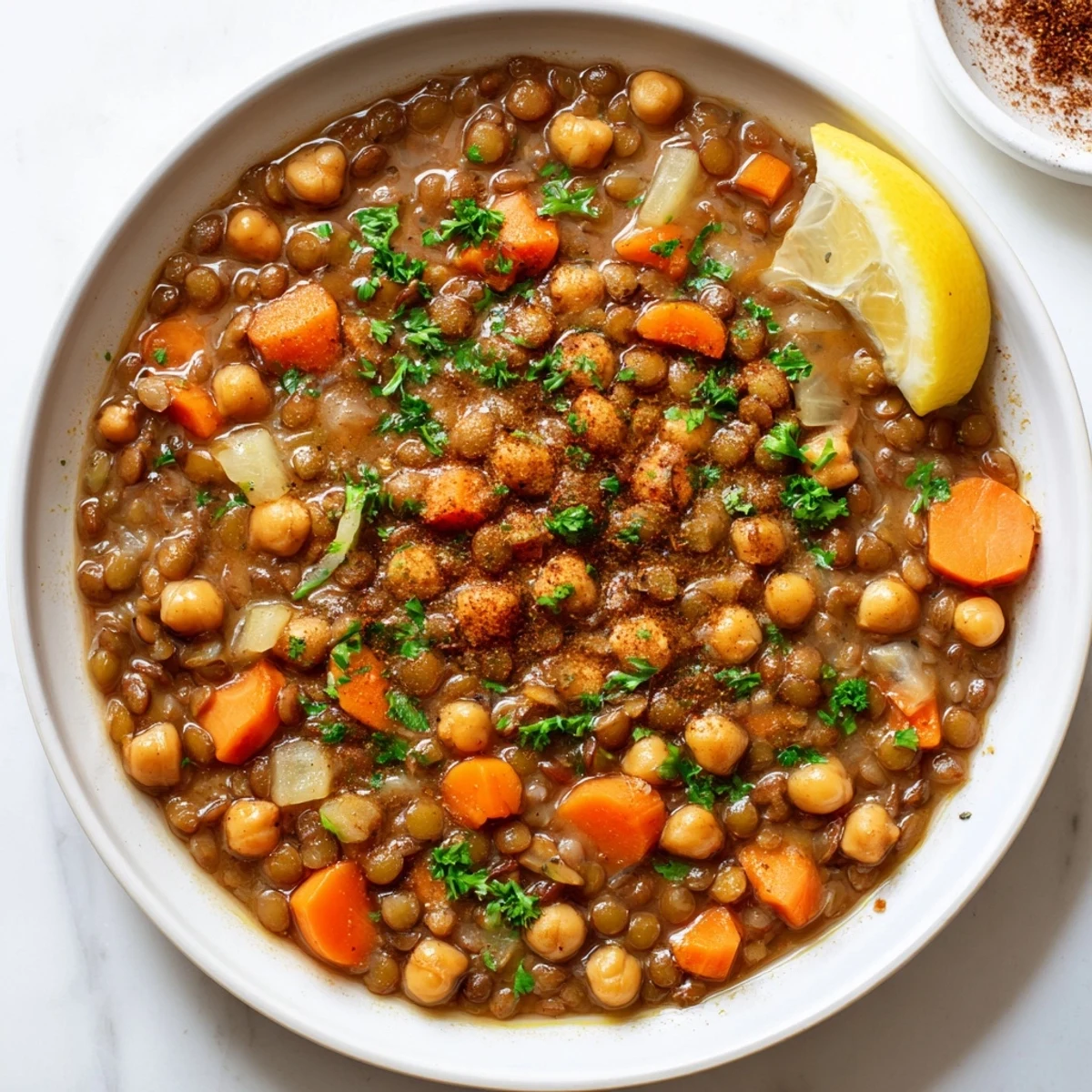 Vibrant Middle Eastern lentil and chickpea stew, a vegan and gluten-free recipe, ready to be served.
