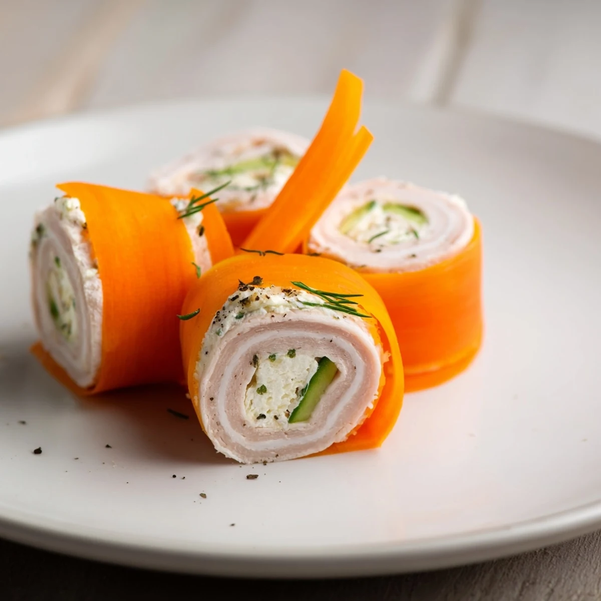 Vibrant Ribbon Dancer appetizer shows spiraled carrot and cucumber around savory smoked turkey rolls, ready to serve.
