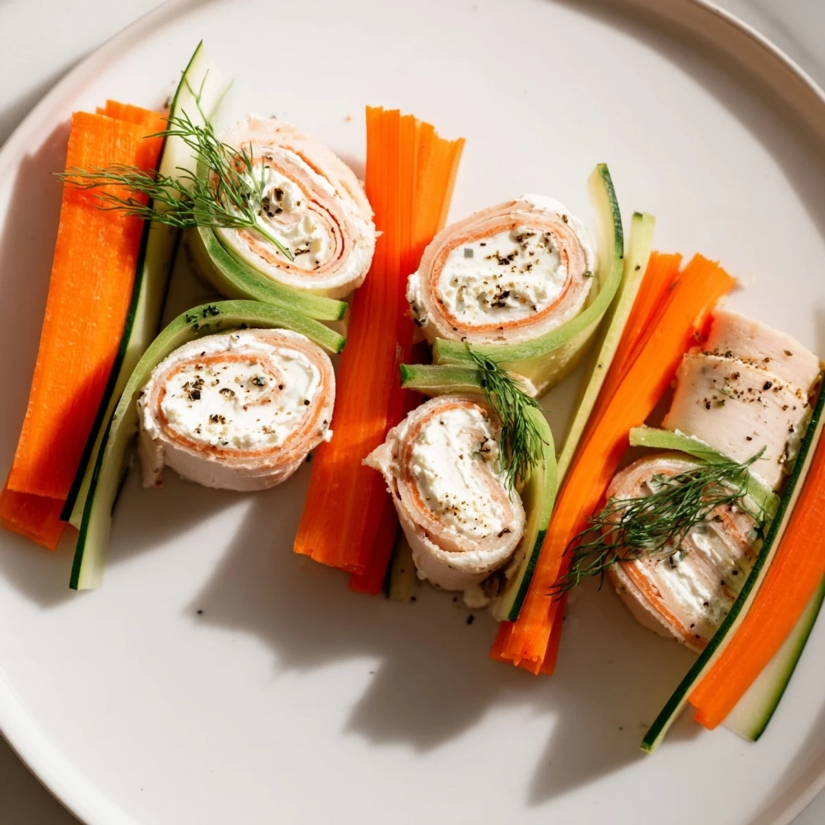 Presenting the Ribbon Dancer: Colorful veggie ribbons encircle seasoned turkey rolls, a light appetizer perfect for guests.