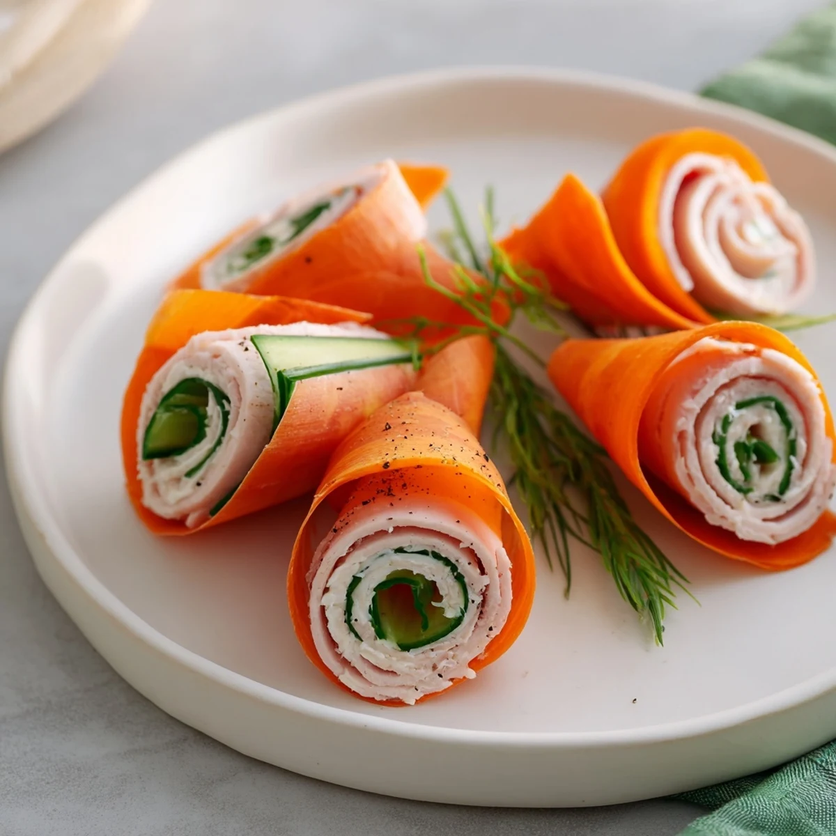 Delicate vegetable ribbons wrap the smoked turkey in this Ribbon Dancer, a light and refreshing appetizer, ready now.