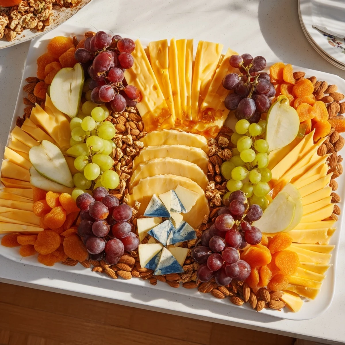 Art Deco Arch Cheese Platter: Layers of sliced cheese and fruit for an elegant appetizer.