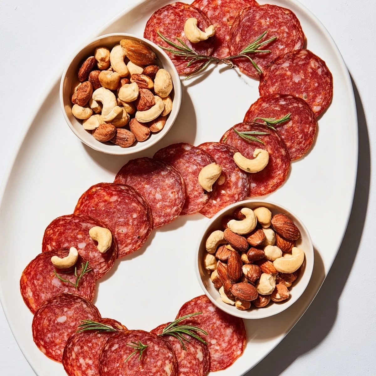 Elegant The Infinity Loop appetizer with salami gracefully looping around bowls of nuts, ready to serve.