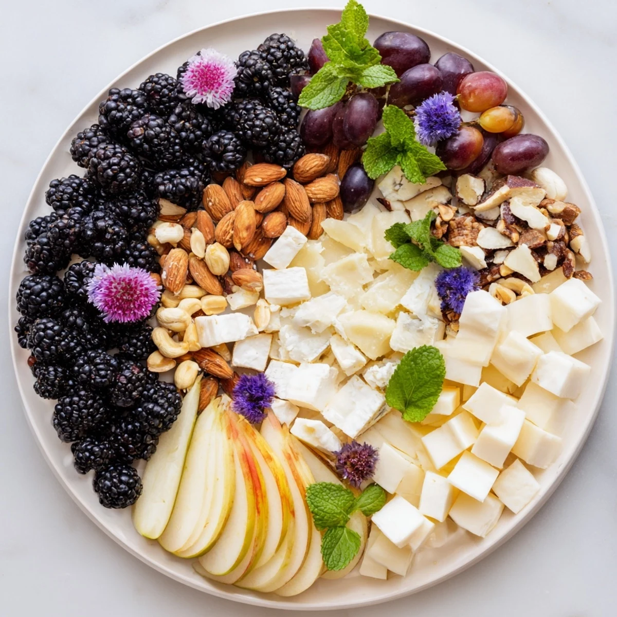 An artful Yin-Yang Balance appetizer board showcasing fresh blackberries, cheese, and fruits.