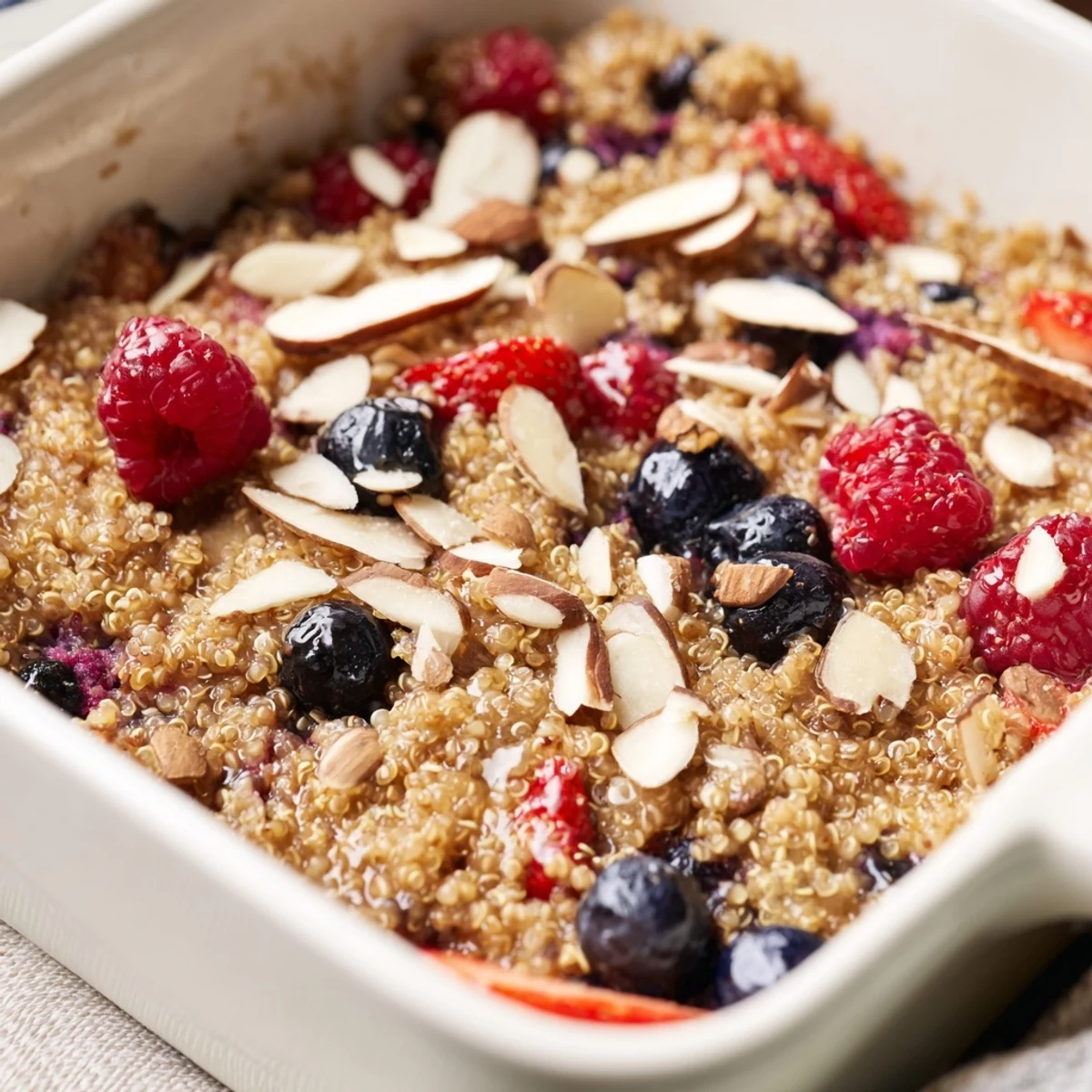Golden-brown Berry Quinoa Breakfast Bake, a comforting baked breakfast filled with juicy berries and fluffy quinoa.