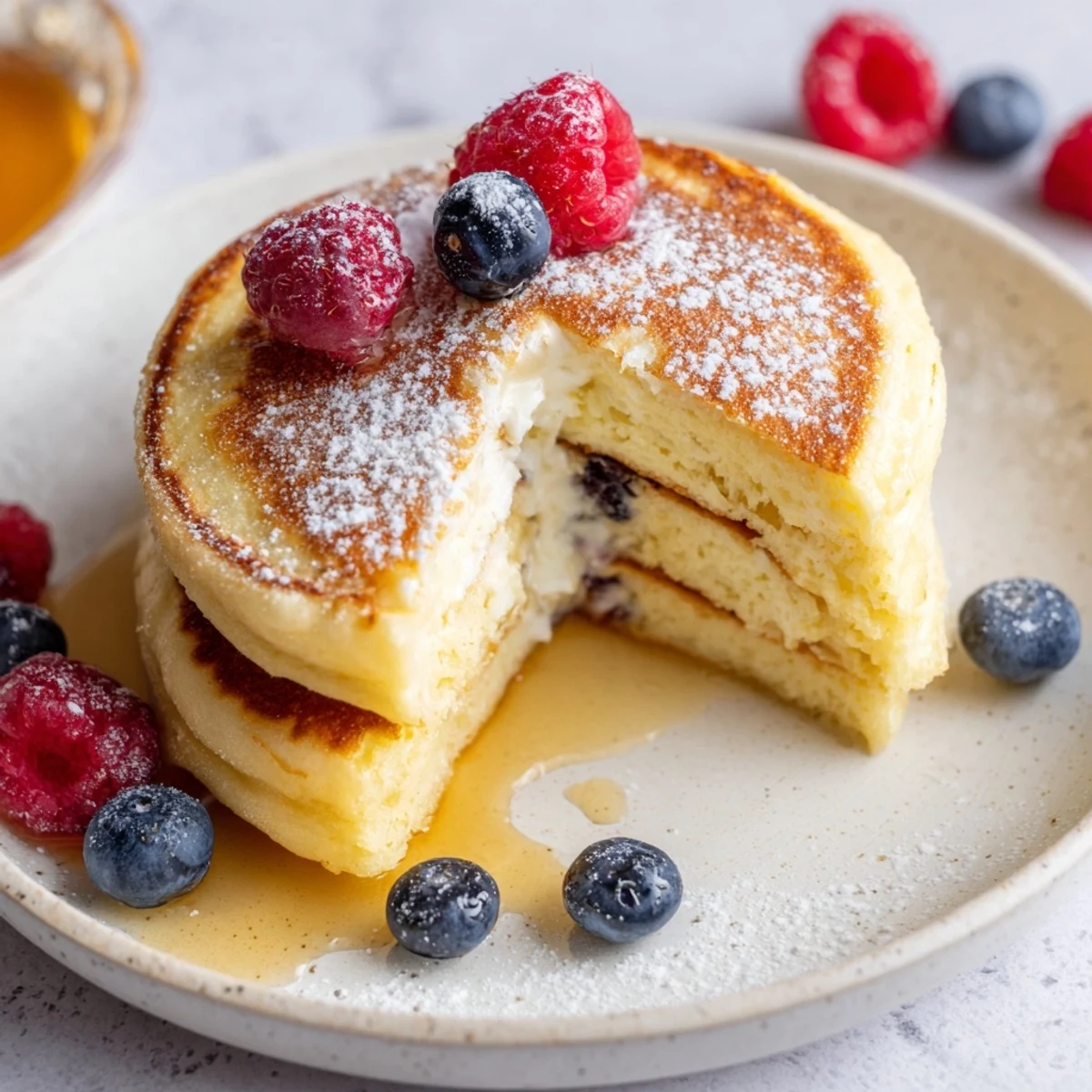 Fluffy golden Lemon Ricotta Pancakes drizzled with maple syrup, ready to enjoy for breakfast.