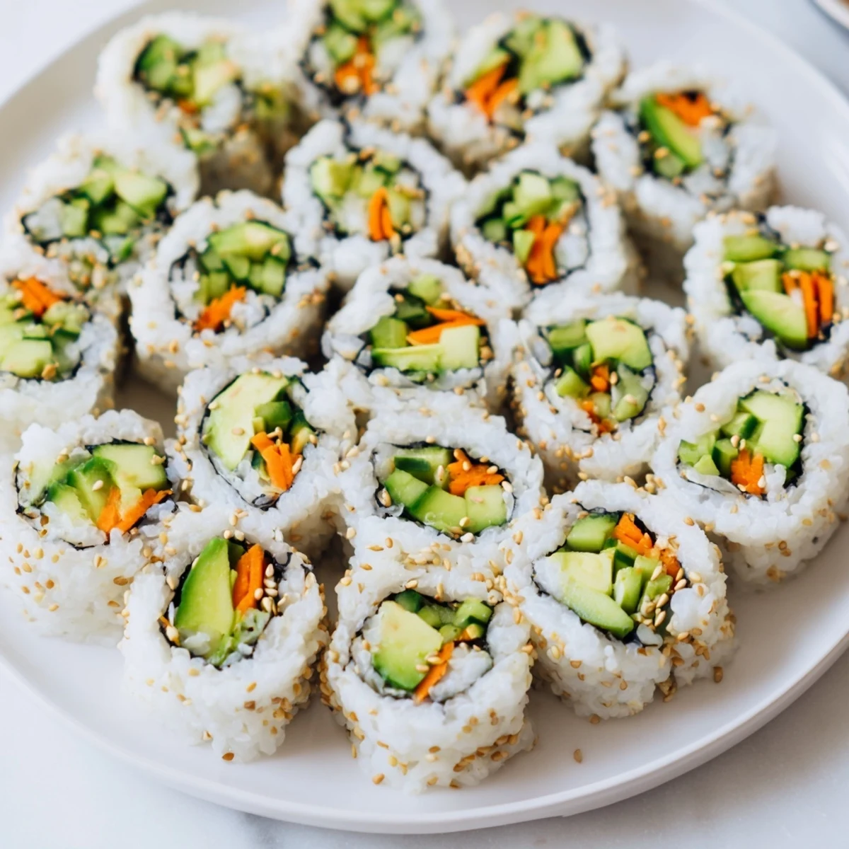 Fresh avocado cucumber sushi rolls, featuring perfectly sliced ingredients ready to enjoy.