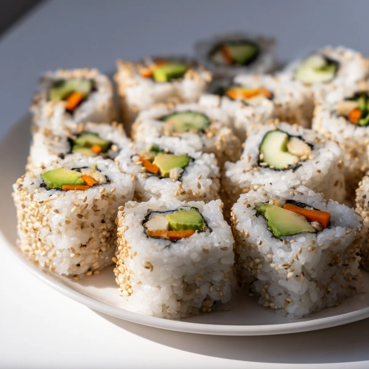 Close-up of vibrant avocado cucumber sushi, showing the fluffy rice and crisp veggies inside.