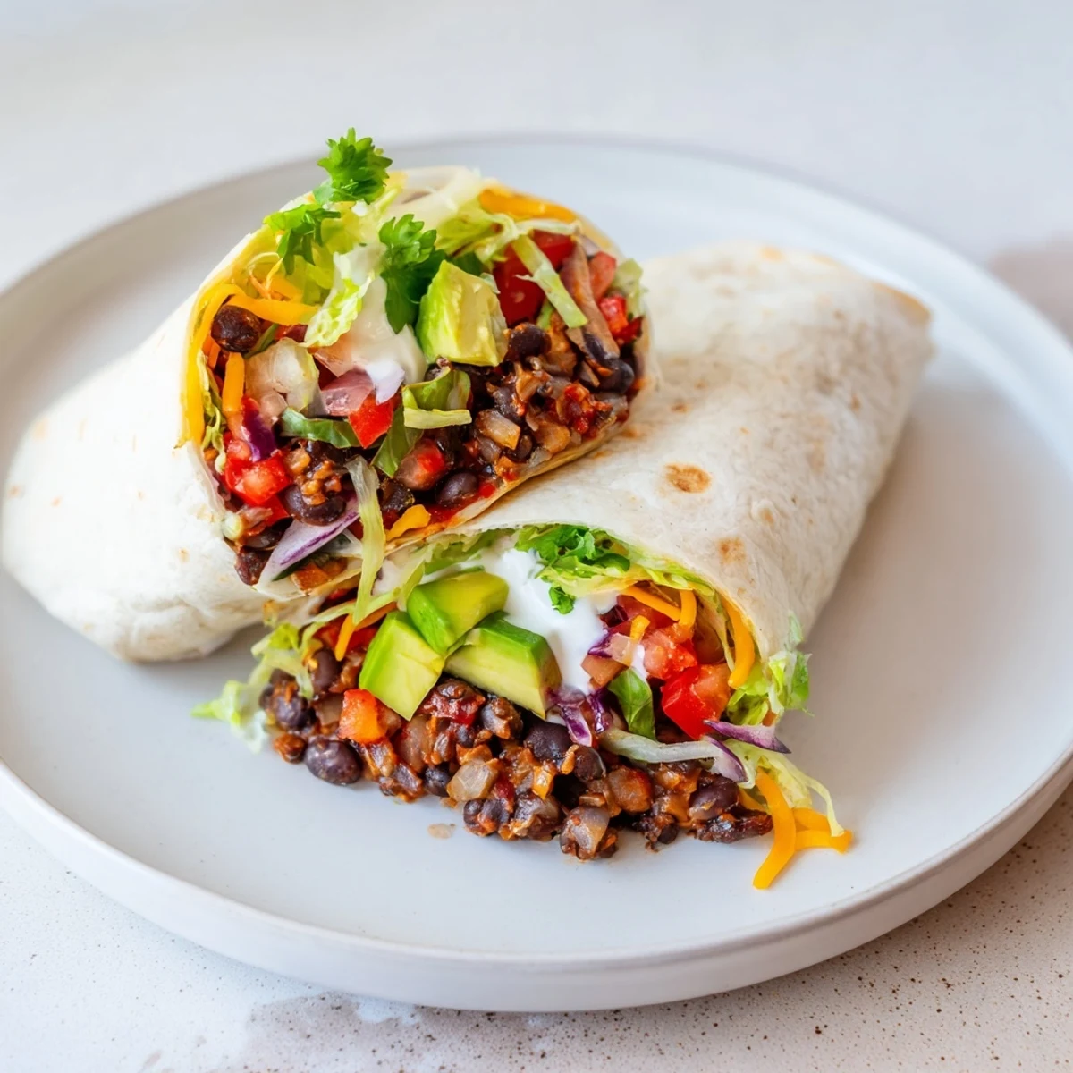 Close-up of a generously filled Smoky Black Bean Burrito ready to be devoured, full of textures.