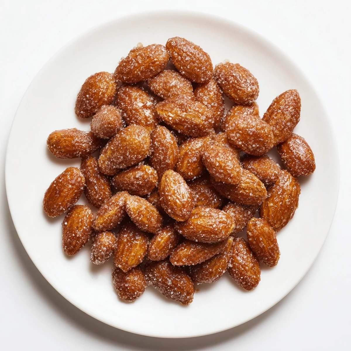 Golden brown cinnamon roasted almonds, glistening with sugar, ready to be enjoyed as a snack.