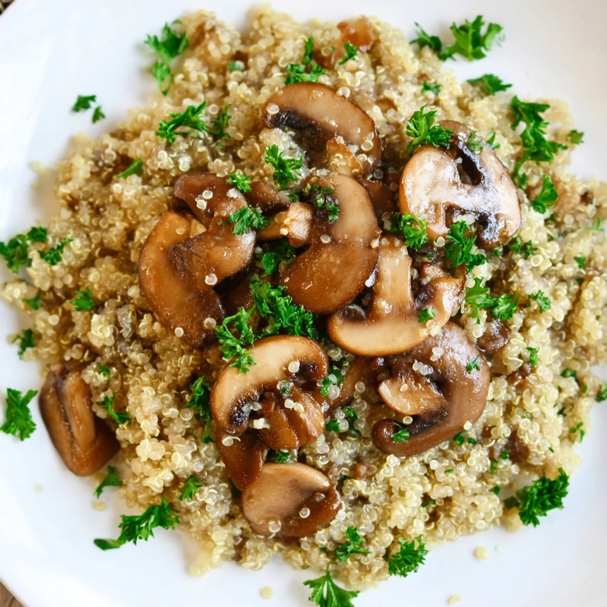 A steaming bowl of Mushroom Quinoa Risotto, creamy and garnished with fresh parsley.