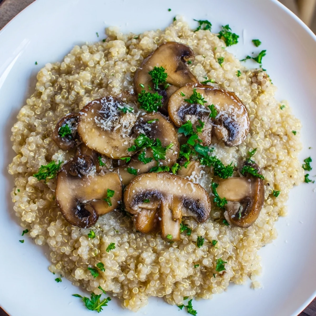 This comforting plate of Mushroom Quinoa Risotto features a cheesy, gluten-free, vegetarian dish.