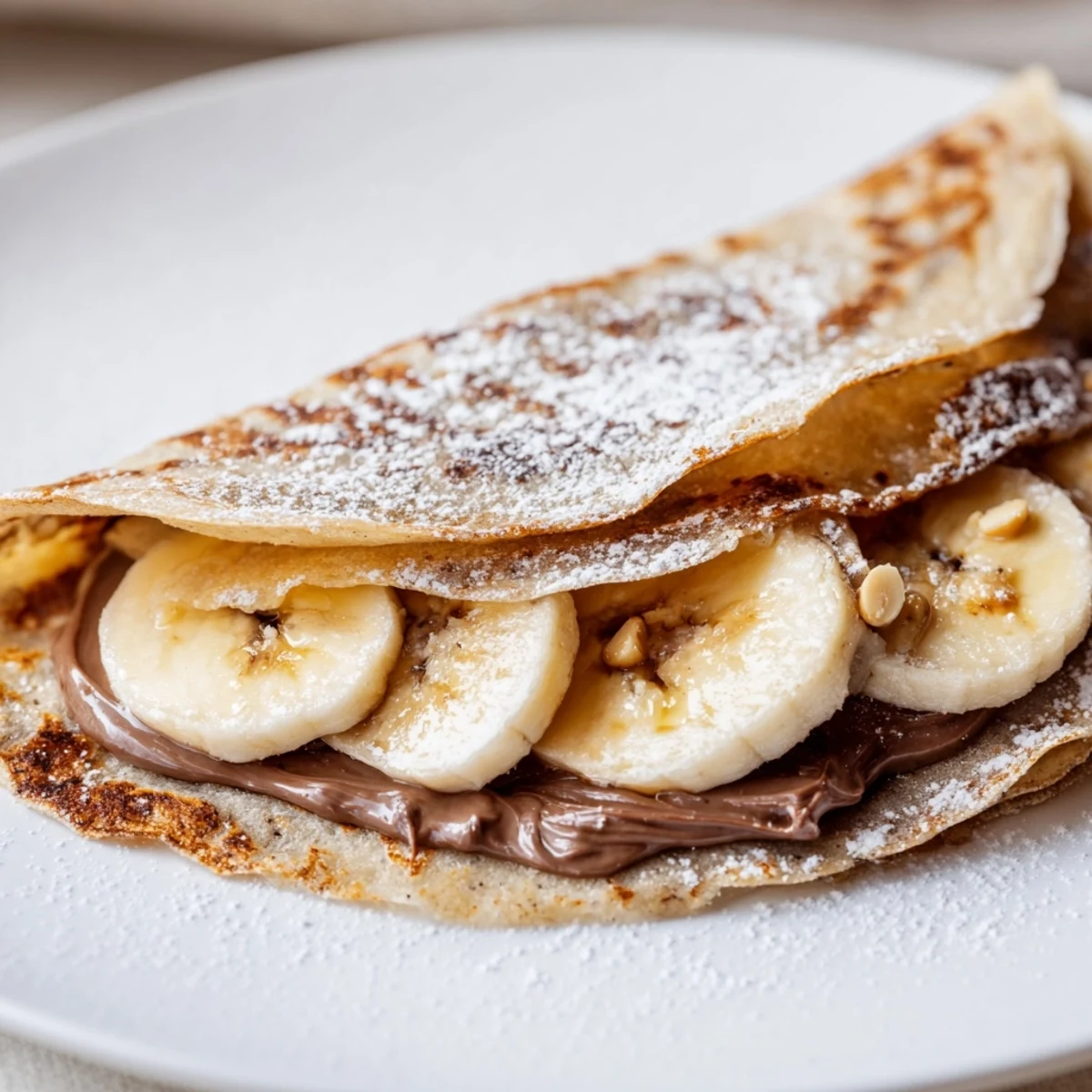 Golden-brown Banana Nutella Wrap, folded and crispy, loaded with Nutella and fresh banana slices.