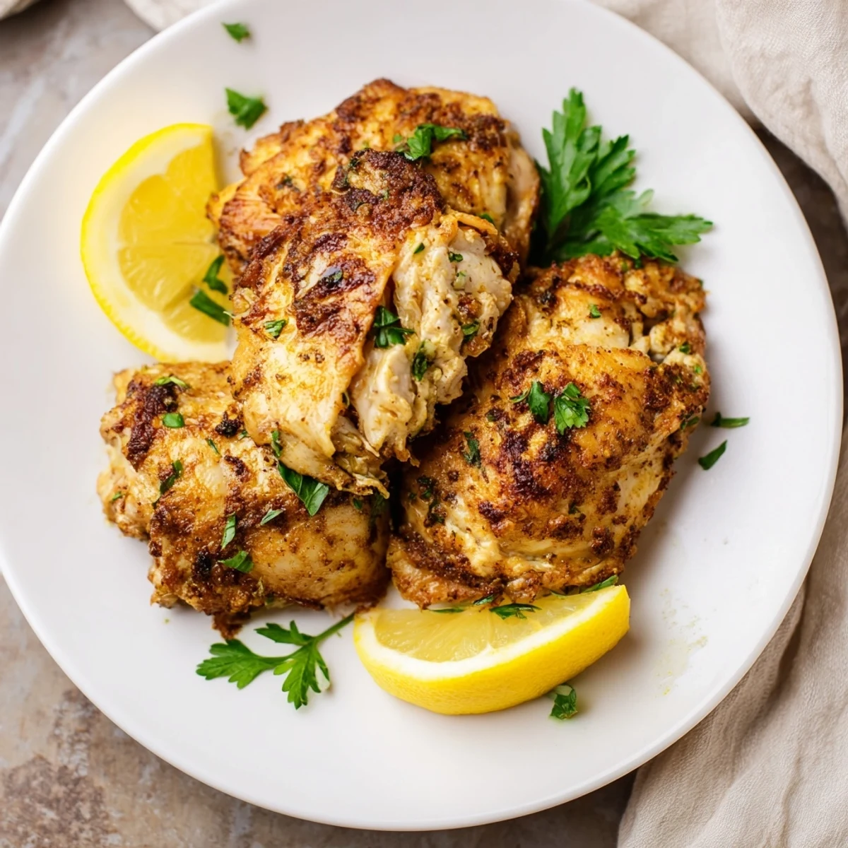 Tender Greek Yogurt Chicken breasts, baked to golden perfection and ready to serve with lemon wedges.