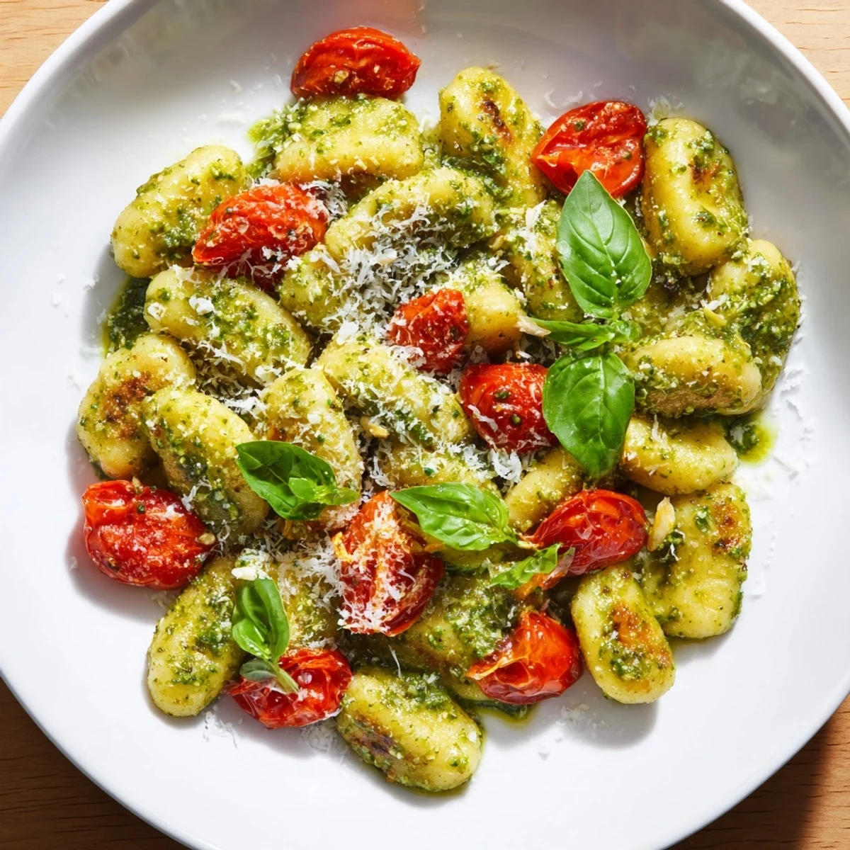 Golden, crispy gnocchi with fragrant pesto, cherry tomatoes, and Parmesan promise a delightful Italian-inspired meal.