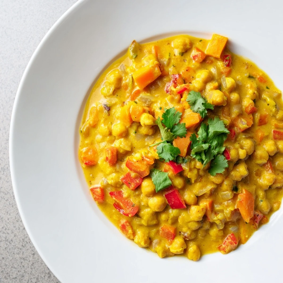 A vibrant bowl of Chickpea Curry, garnished with cilantro and paired with fluffy white rice.