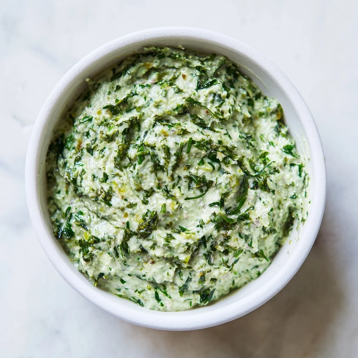 Close-up of freshly made Green Goddess Dip; bright green color shows herbaceous flavors.