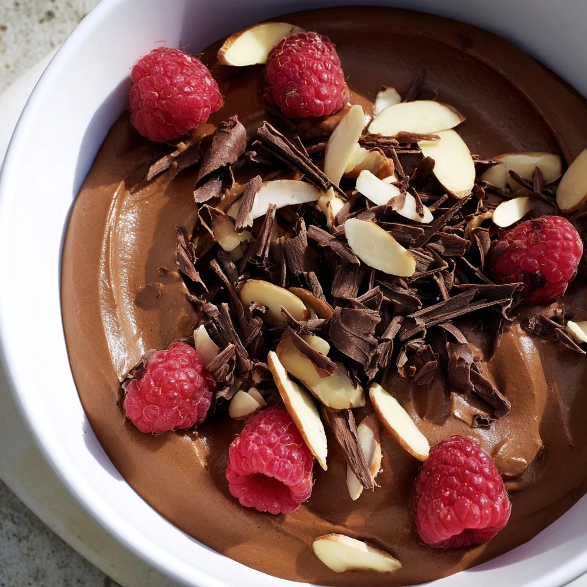 A bowl of decadent chocolate avocado mousse, showing its creamy texture and rich chocolate color.