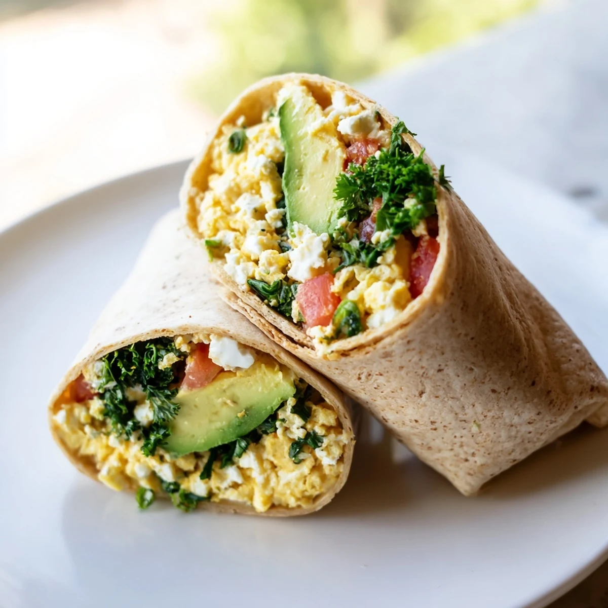 Fluffy feta egg wrap with fresh spinach and tomatoes, ready for a delicious breakfast.
