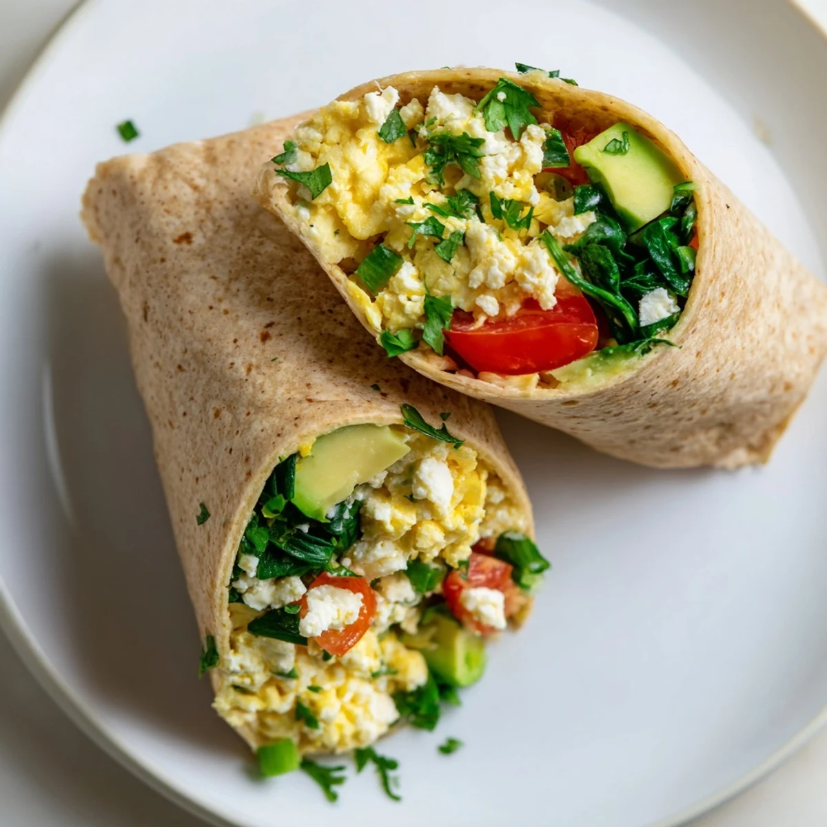 Golden-scrambled eggs and feta cheese wrapped in a whole wheat tortilla, perfect feta egg wrap.