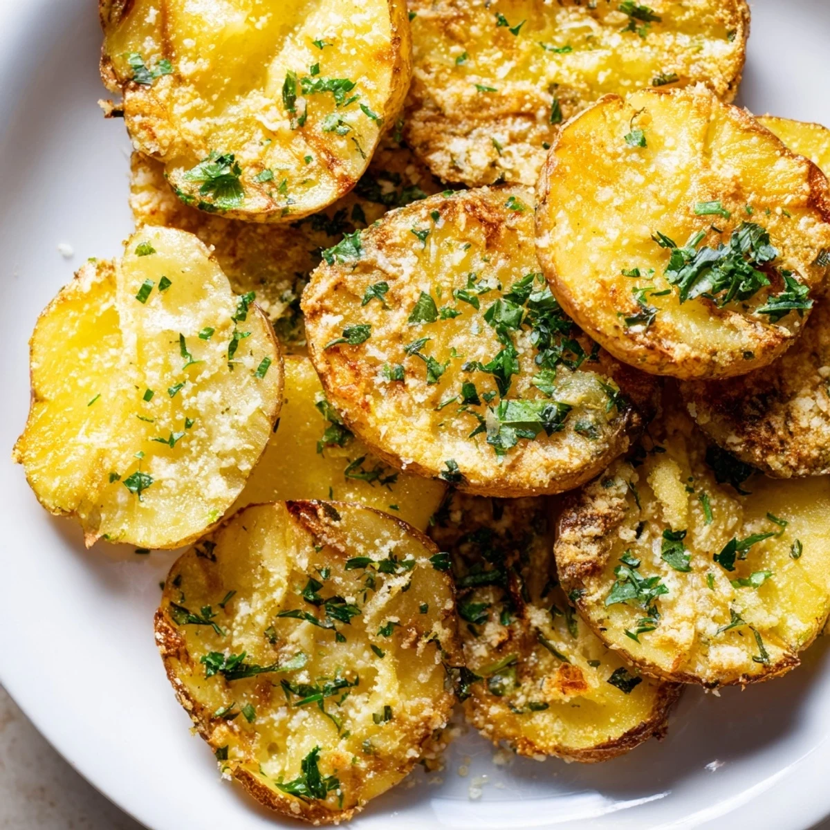Golden, crispy Garlic Parmesan Potatoes fresh from the oven, ready to enjoy as a perfect side.