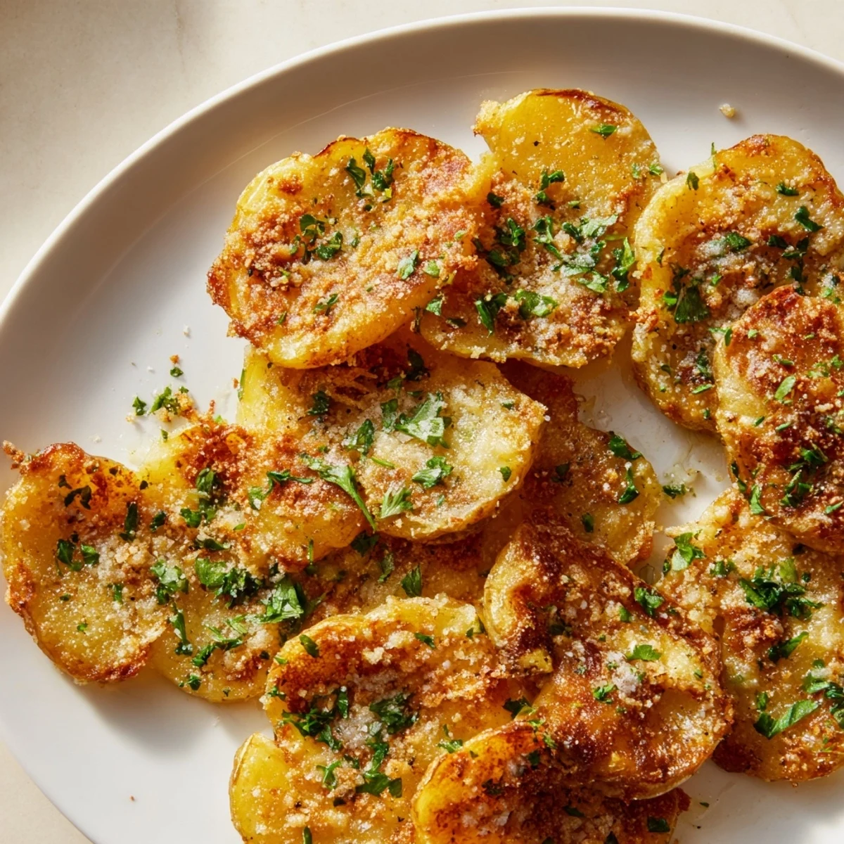 Melted Parmesan coats the perfectly smashed Garlic Parmesan Potatoes, promising an irresistible, savory flavor.