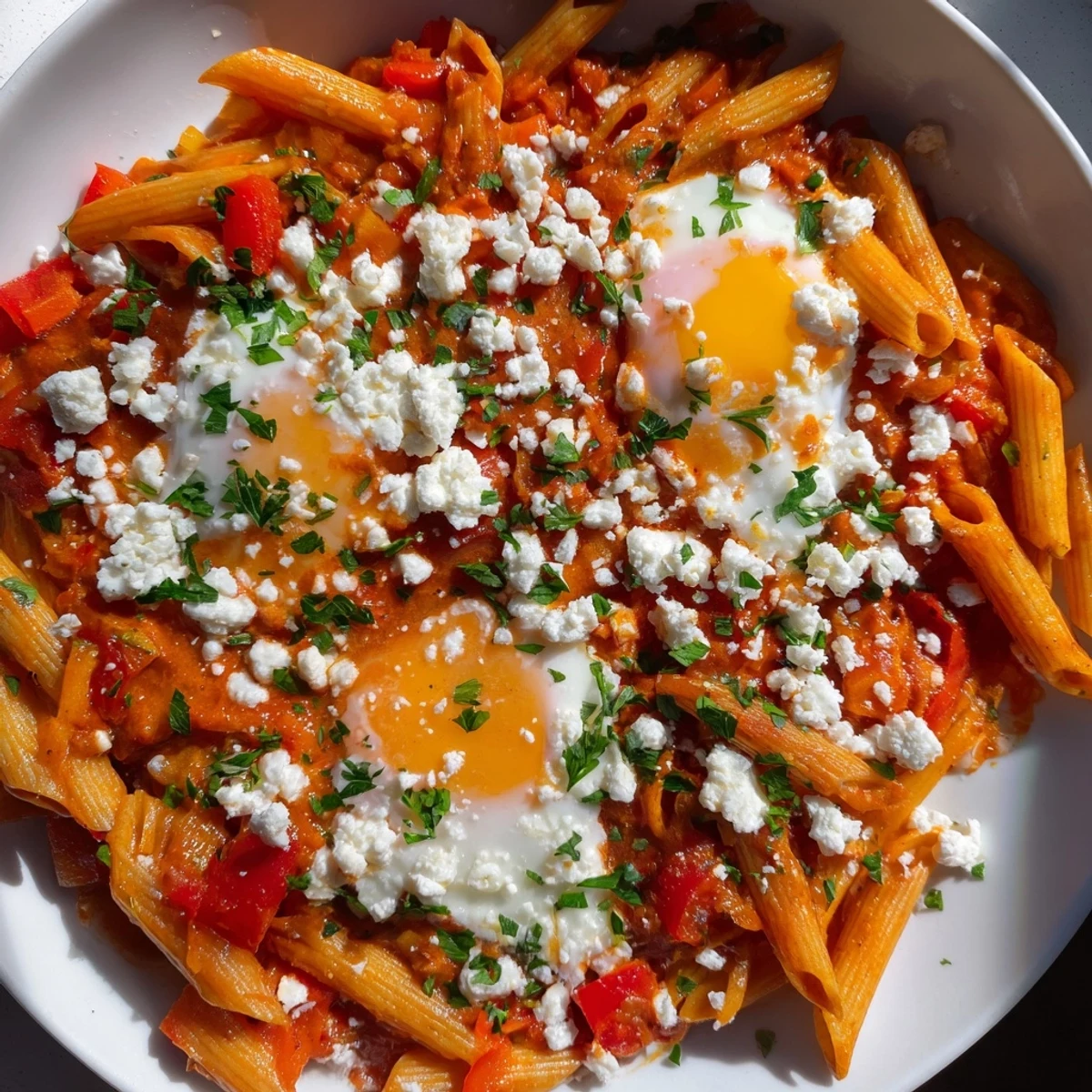 Quick Shakshuka Pasta with runny yolks, bubbly tomato sauce, and fresh herbs, ready to serve.