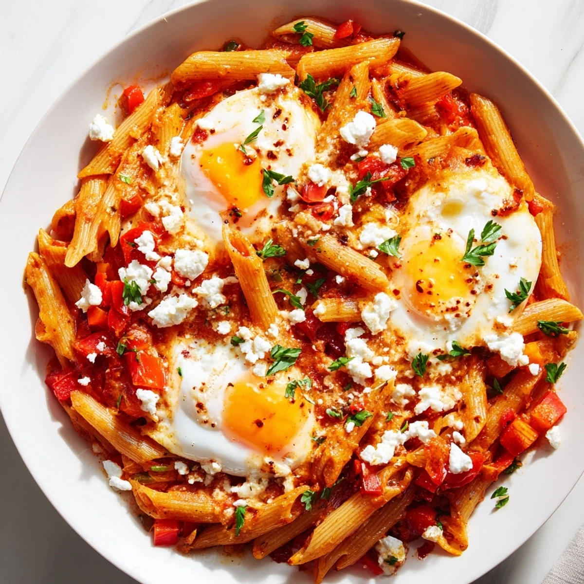 A close-up shot of Quick Shakshuka Pasta reveals perfectly cooked eggs nestled in a vibrant tomato sauce.