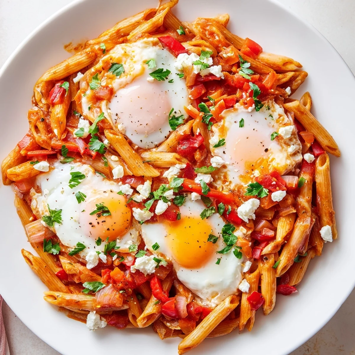 Bright red Quick Shakshuka Pasta with penne, bell peppers, and fresh parsley, a vegetarian delight.
