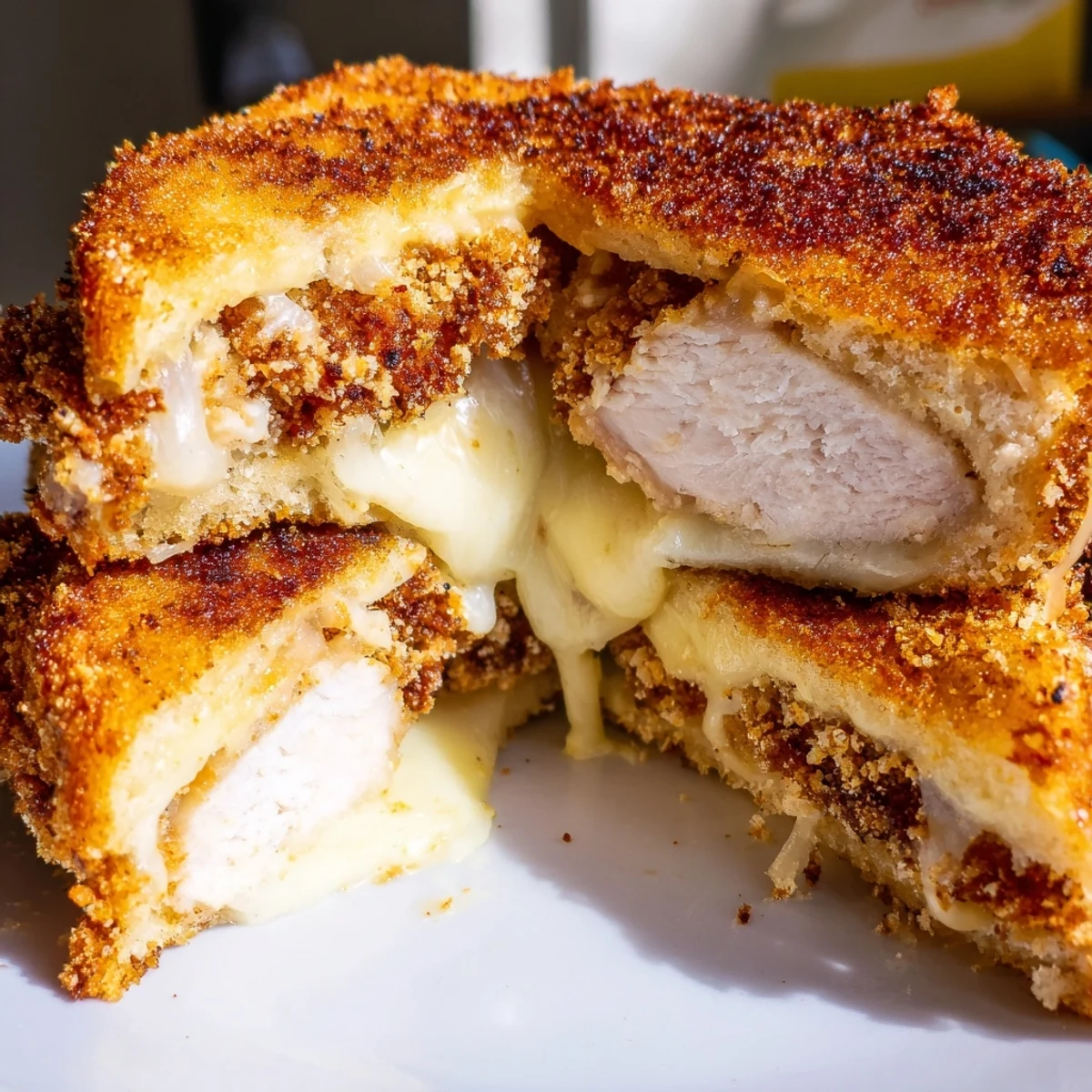 Golden, crispy Parmesan Chicken Thighs Grilled Cheese, oozing melted cheese, ready for a comforting bite.