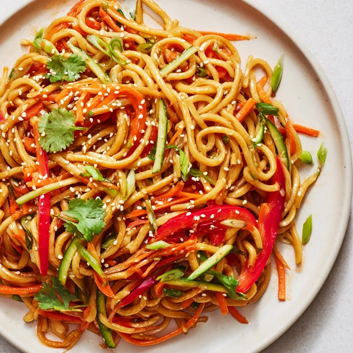 A colorful Garlic Noodle Salad with crunchy vegetables and a glistening, savory sauce, ready for serving.