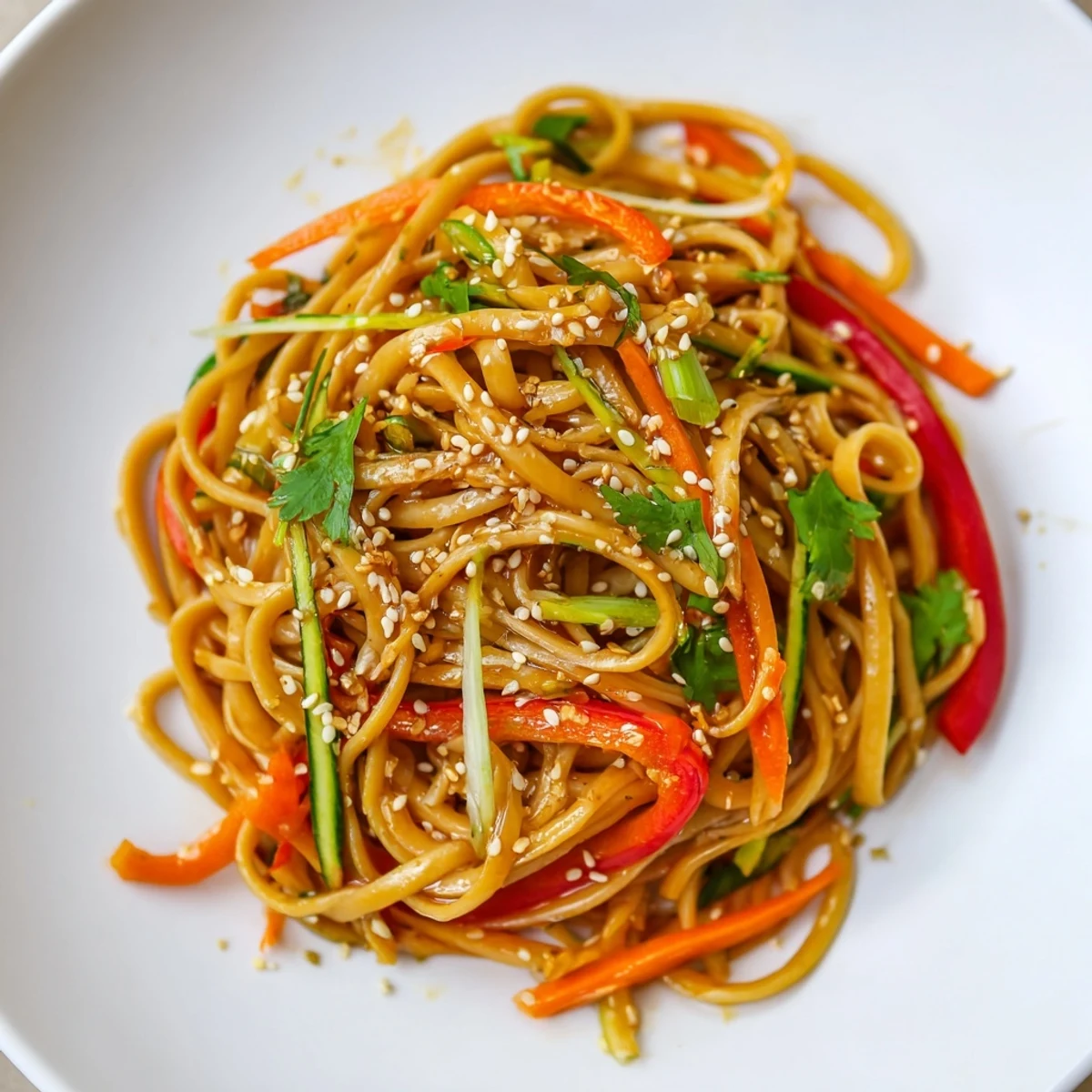Freshly tossed Garlic Noodle Salad: vibrant noodles with crisp veggies garnished with sesame seeds and cilantro.