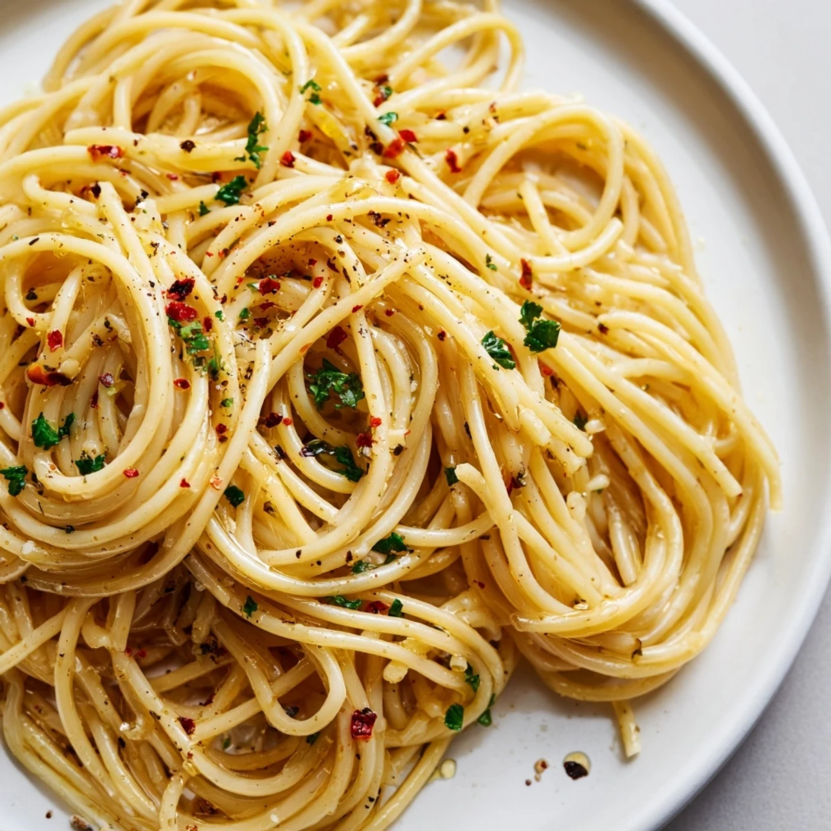 Close-up of golden garlic-infused Aglio e Olio pasta, ready in minutes with red chili flakes.